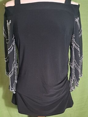 Joseph Ribkoff Black Off-Shoulder Top with Beaded Sleeve Trim